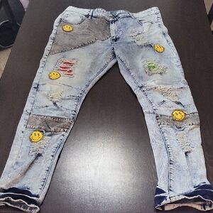 Rue 21 38 Waist, 34 Length Skinny  Light Blue Distressed Jeans Smiley Patches